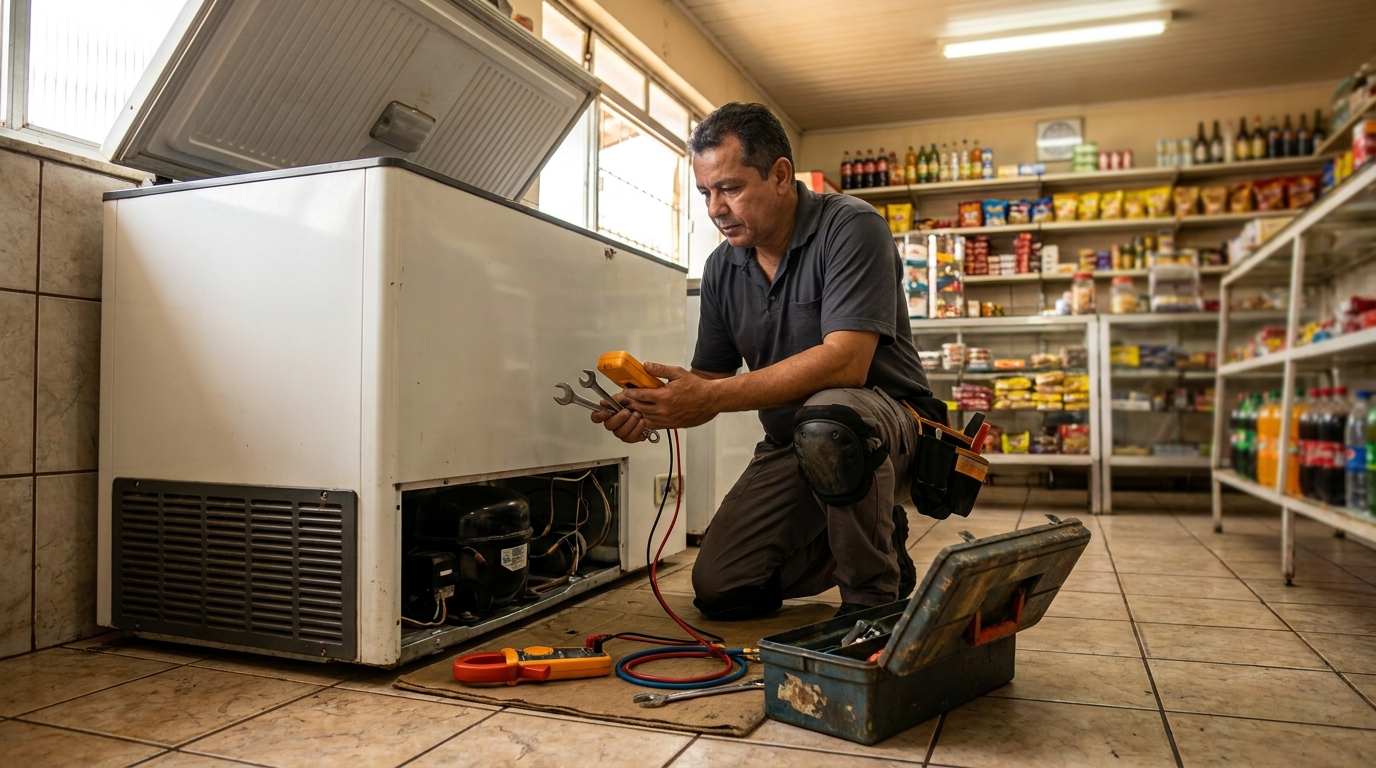 Profissional executando manutenção no motor de freezer em Uberlândia‑MG