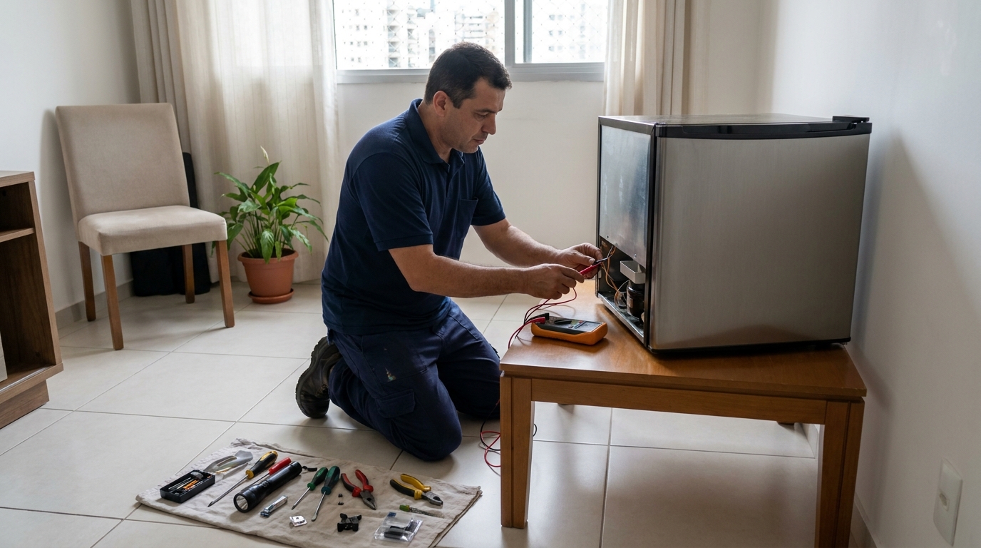 Técnico fazendo manutenção do motor de frigobar em Uberlândia‑MG