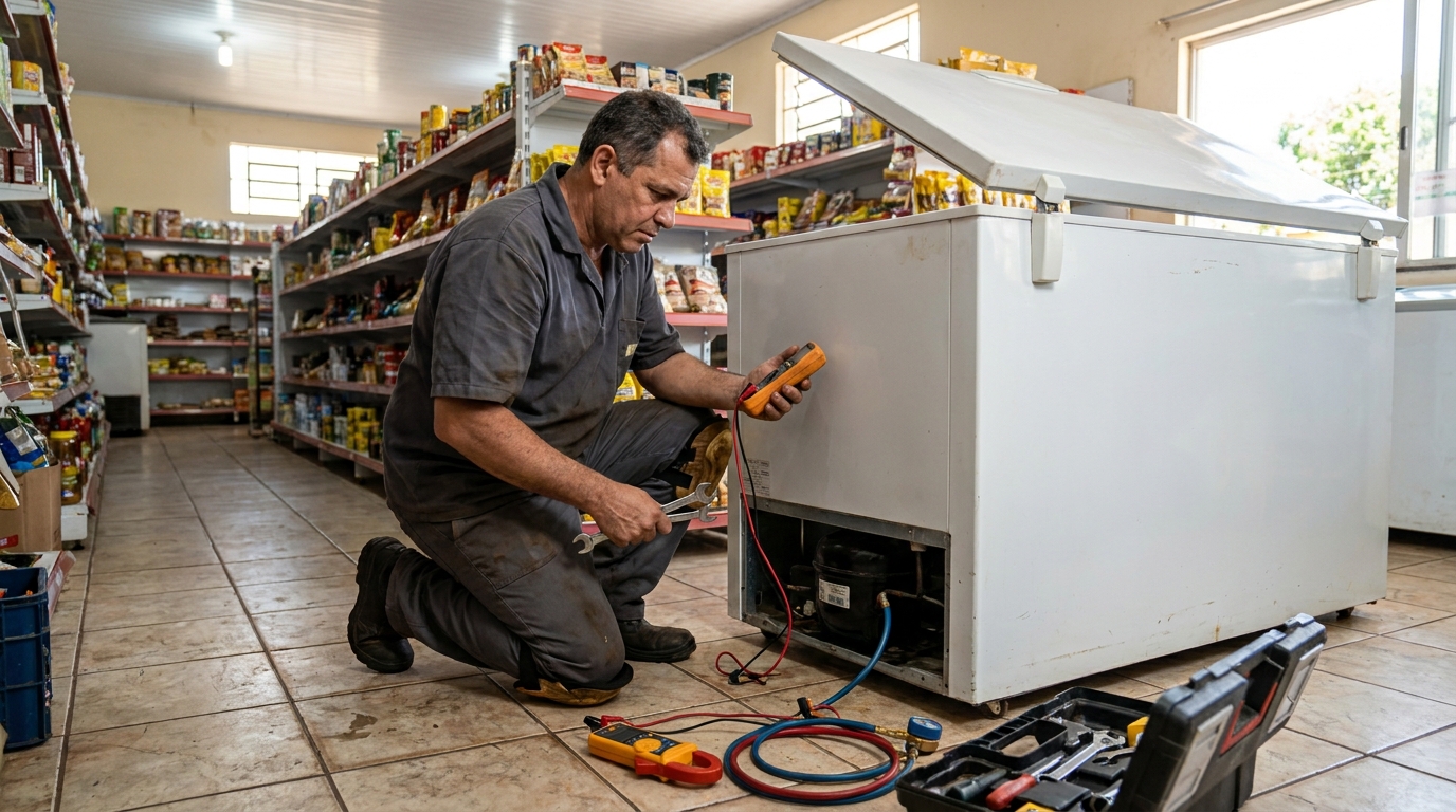Substituição de termostato de freezer em visita técnica em Uberlândia‑MG